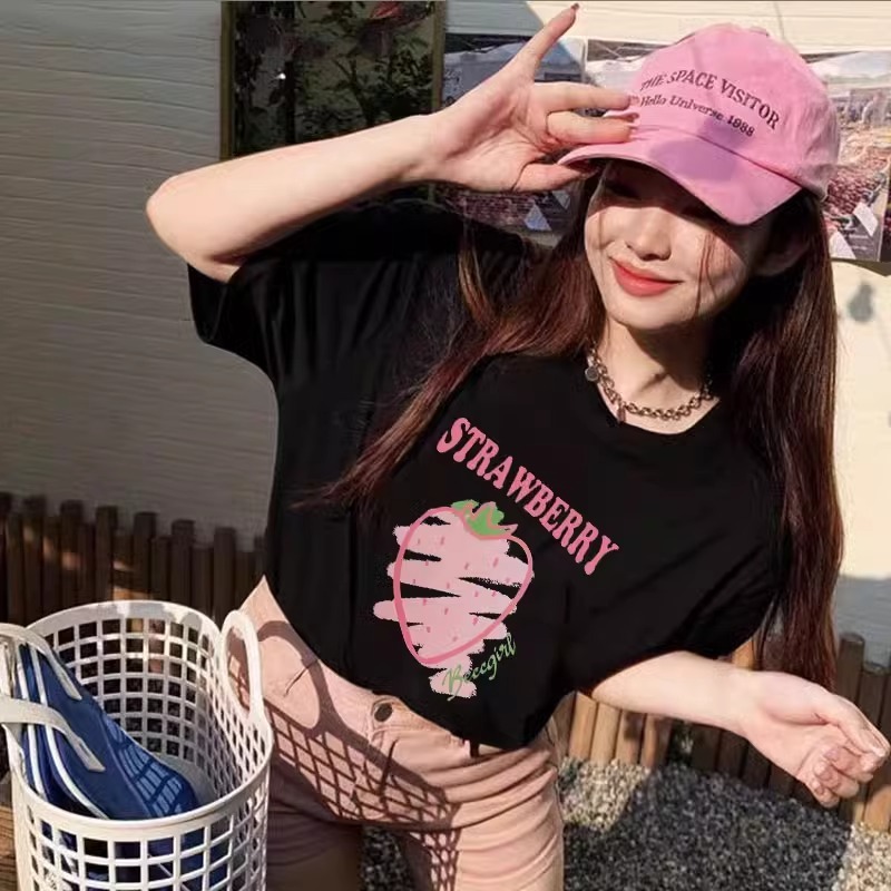 Kaos hitam lengan pendek wanita 2025 ledakan baru kemeja katun musim panas setengah lengan bawah kem