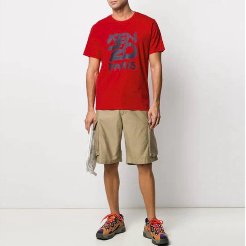 Kaos Katun Pria KENZO Klasik Motif Leher Bulat Lengan Pendek Merah KENZO Gaya Jepang Logo Katun Jers