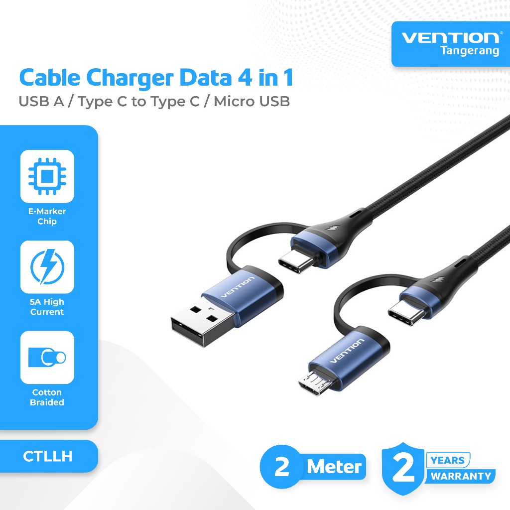 Vention Kabel Charger Data 4 in 1 USB A / Type C to Type C / Micro USB Fast Charging 100W 3A 5A Blue