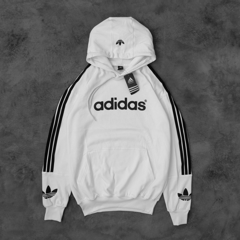 Jaket Hoodie Sweater Adidas Stripe Logo Black And White Unisex