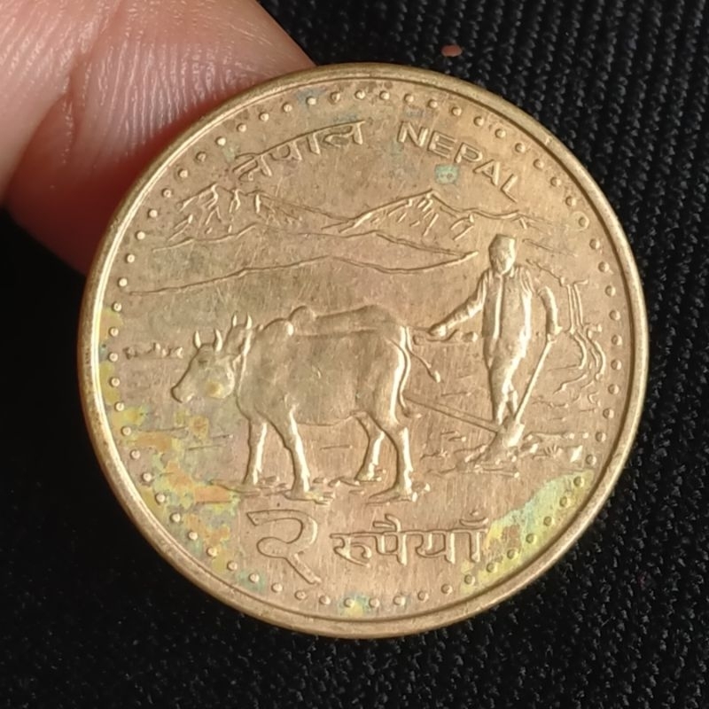 Koin Kuno Nepal 2 Rupee Sapi petani Pembajak sawah