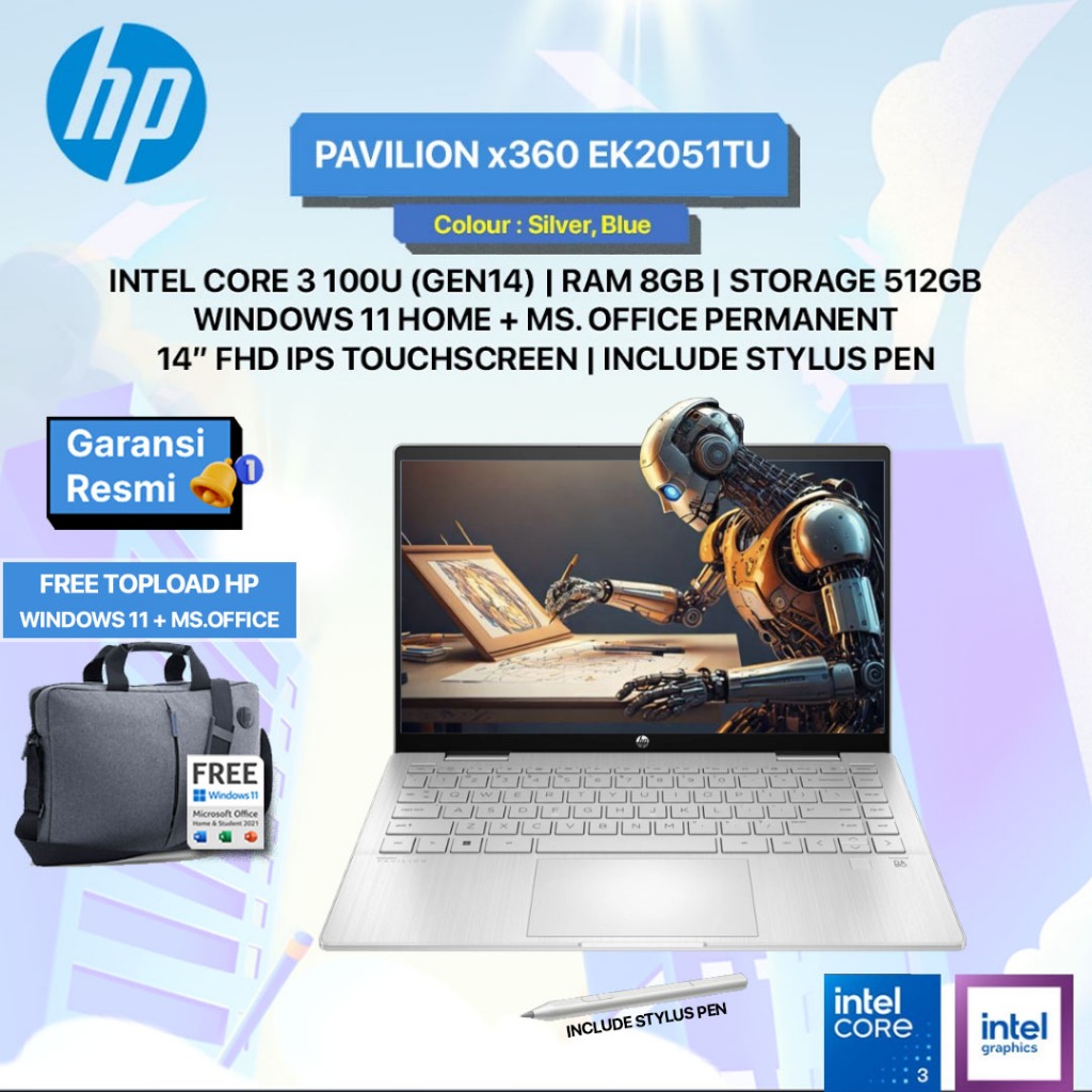 LAPTOP HP PAVILION TOUCH X360 INTEL CORE I3 100U 8GB 512GB W11+OHS 14.0FHD IPS - EK2051TU