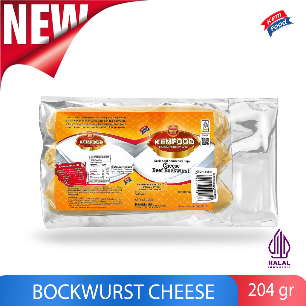 

Kemfood Beef Bockwurst Cheese - Sosis Sapi Jumbo Rasa Keju 204 gr