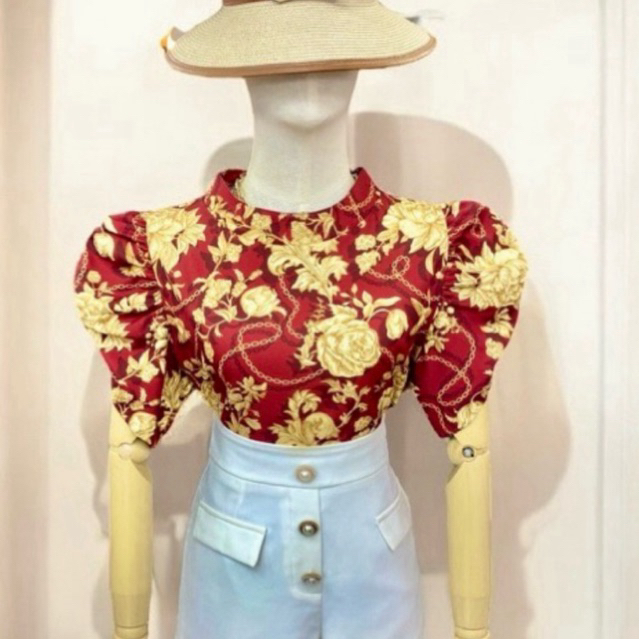 CHAINY TOP SLIT PUFF SLEEVE BANGKOK Atasan Wanita Bahan Satin Cantik [ BAJUBANGKOKSAY ]