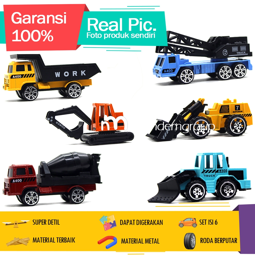 Diecast Miniatur Mainan Mobil Set Konstruksi Besi Metal Excavator Crane Isi 6