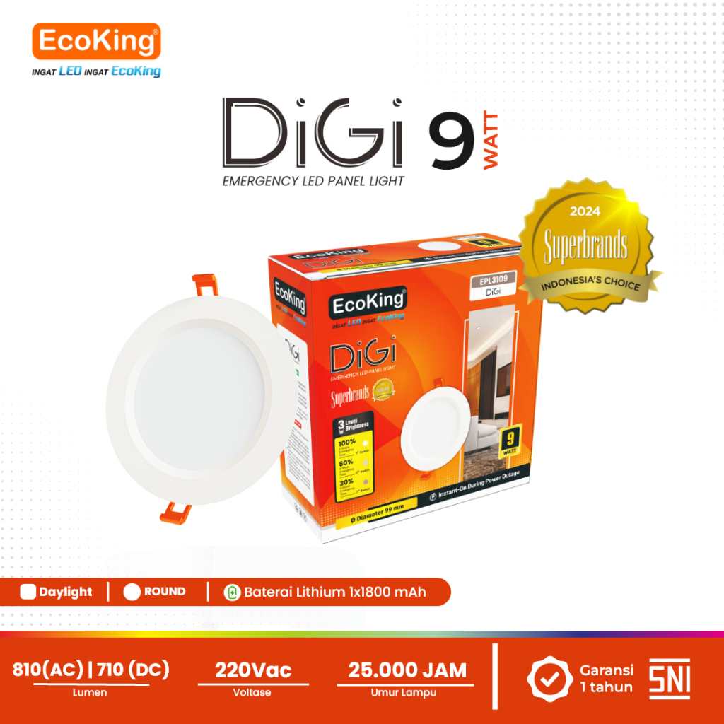 EcoKing Lampu Down light Emergency - LED Digi Panel Light Plafon Rumah 9W 3.5 Inch Round Cahaya Puti