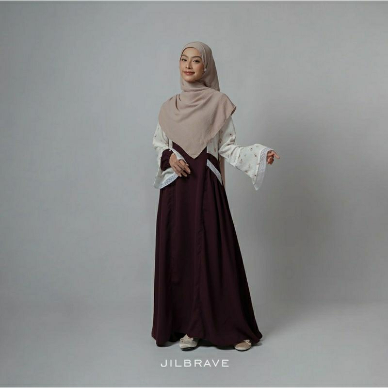 RISYA DRESS JILBRAVE | Dress Feminine Kombinasi Motif Bunga Cantik | Gamis Lebaran | Gamis Kerah Ren