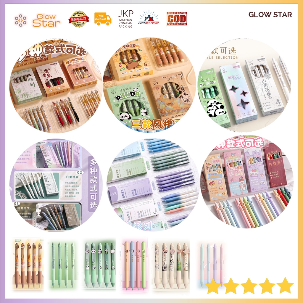

KBX/PEN 5 PCS / 1 Kotak Pulpen Gel 0.5mm Pen Pena Hitam Black Color Tint Bolpen Bolpoin 0.5mm 5PCS Purple Green Blue Ice Macaron Classic Morandi Vintage Bolpoint set theme Kotak hadiah elegan Kantor Kuliah capybara panda green purple pink