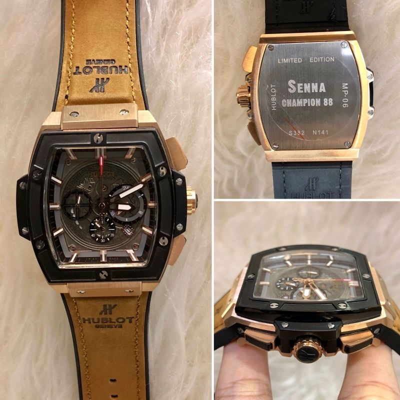 JAM TANGAN PRIA HUBLOT SENNA RUBBER COKELAT ROSE JAPAN QUARTZ SUPER QUALITY DIAMETER 42MM