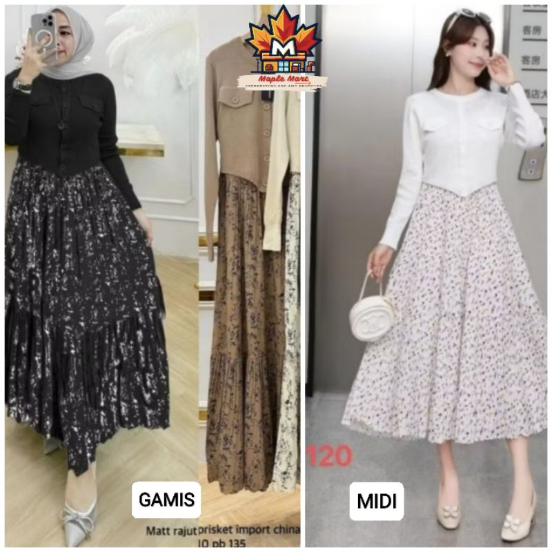 Maple Fashion - Gamis, Midi Impor / Bahan Premium Rajut Plisket Z4r4 Wmen Berbagai Motif Dress Impor