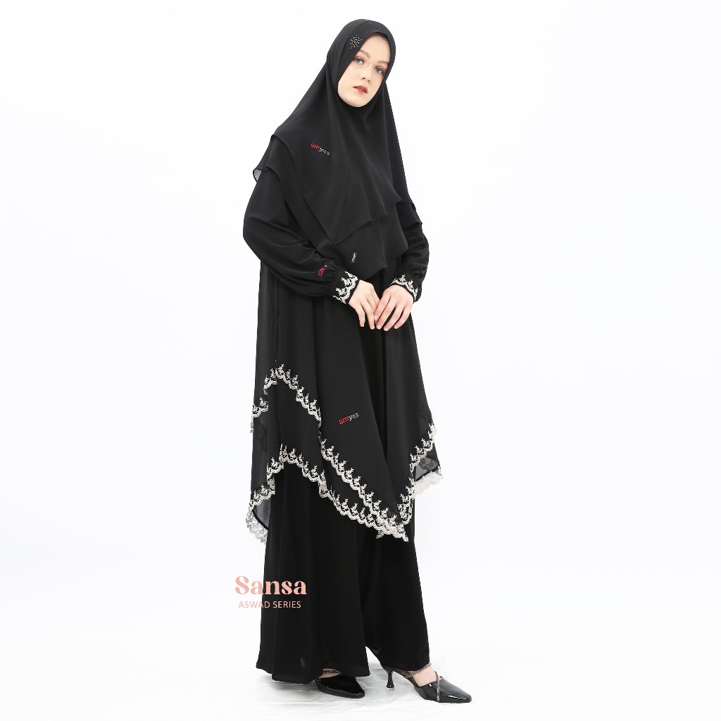 Umyas Boutique | Sansa abaya renda | gamis hitam abaya | gamis brokat mewah elegan | gamis jumbo