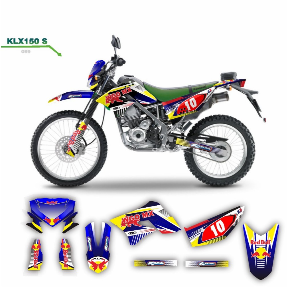 decal keren stiker full body klx 150 s variasi striping motif banteng redbull oren biru