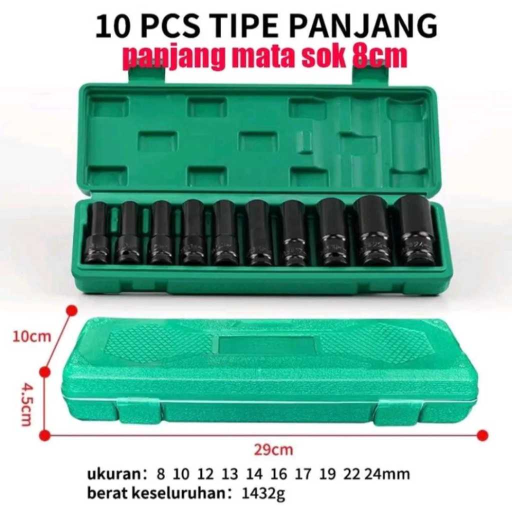 Mata Sock Impact isi 10Pcs Mata Impact Wrench Socket Set - 1-2'' 8-24mm Impact Socket Kunci Shock Se