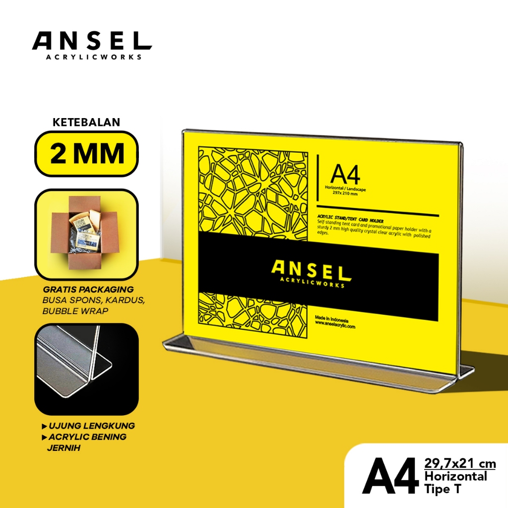 

ANSEL Tent Holder Akrilik Tipe T / A4 Horizontal Landscape 29,7x21 cm / [Brosur, Display, Menu]