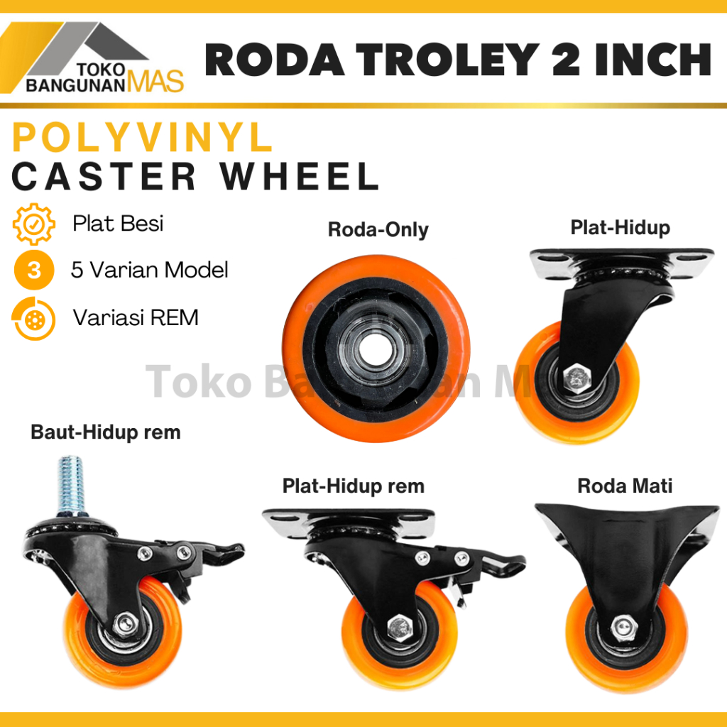 Roda Troli 2 inch Roda Pu Caster 2 inch ORANGE Roda Caster Trolley 2 inch Hidup / Mati / Rem