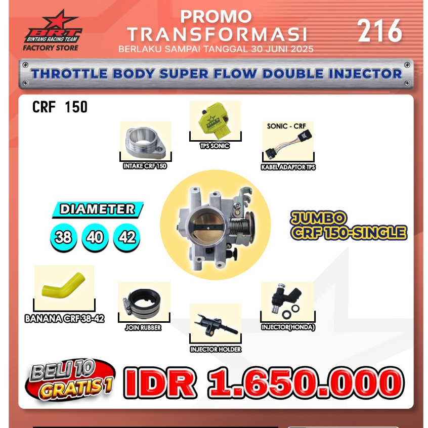 PAKET JUMBO SPECIAL TB THROTTLE BODY JUMBO CRF 150 SINGLE SUPER FLOW DOUBLE INJECTOR INJEKSI CRF150 