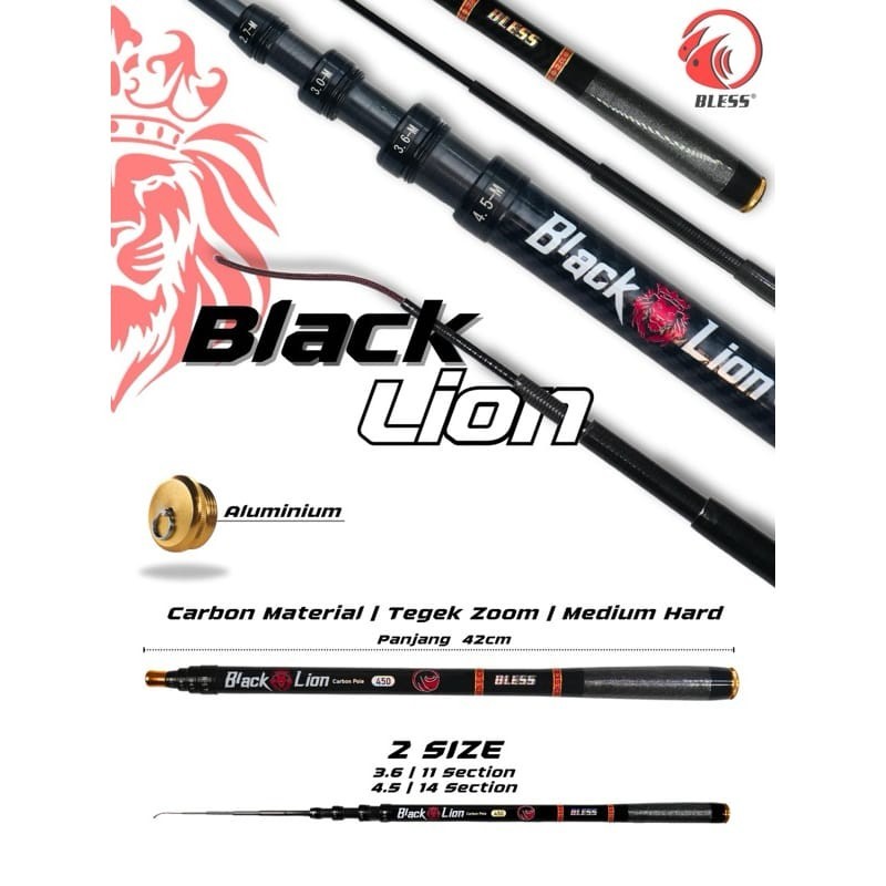 Joran Tegek zoom carbon pole Bless Black Lion seamster 360cm 450cm ruas pendek
