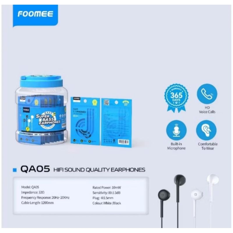 HEADSET FOOMEE QA05 ( 1 TOPLES ISI 30 PCS ) HANDSFREE SUPER BASS ORIGINAL FOOMEE