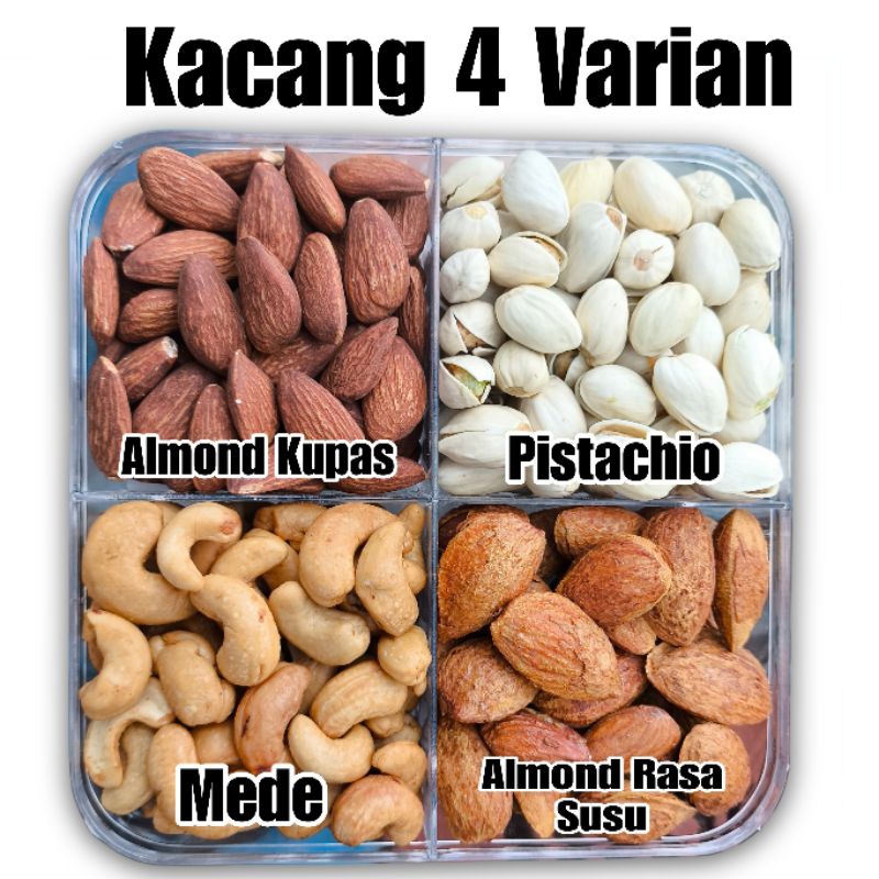 

HAMPERS KACANG 4 VARIAN / Kacang Almond Rasa Susu / Kacang Mede / Pistachio / Almond Unpasteurized