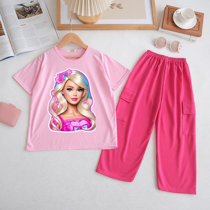 Setelan Celana Cargo Baju Barbie Anak Perempuan Umur 3-10 Tahun