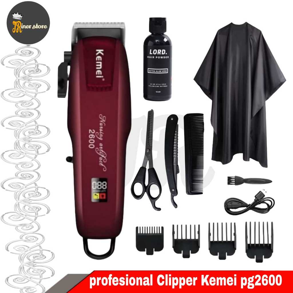 Paketan Mesin Cukur Rambut Elektrik Cas Awet Baterai LCD Indicator Display Untuk Barbershop Kemei PG
