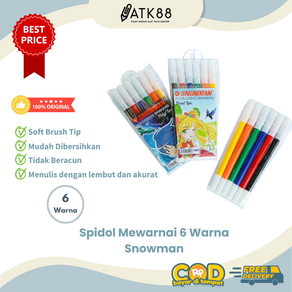 

[ATK88] Spidol 6 Warna Snowman - Spidol Mewarnai 6 Colours PW-6A