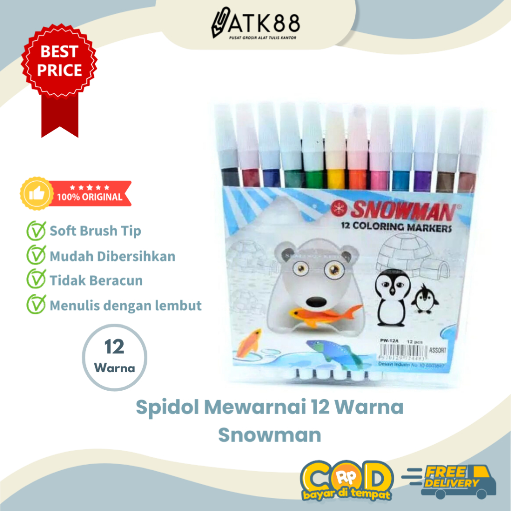 

[ATK88] Spidol 12 Warna Snowman - Spidol Mewarnai 12 Colours PW-12A