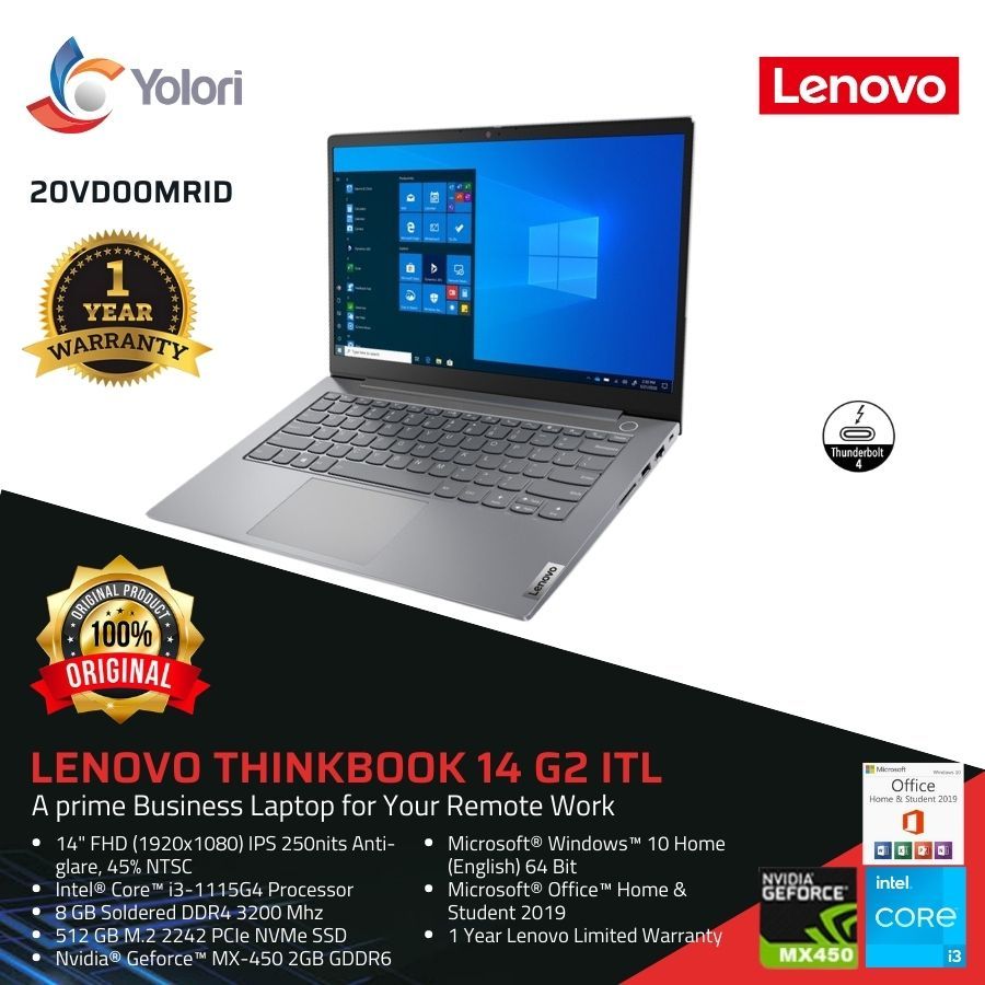 Lenovo ThinkBook 14 G2 ITL i3-1115G4 8GB 512GB Nvidia Geforce MX450 2GB Windows 10 + OHS 2019 (20VD0