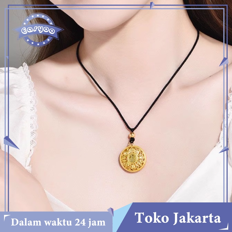 Kalung Emas Sand Gold Hollow Lotus Pendant Kompass Pendant Keselamatan Dan Kesehatan Necklace Wanita