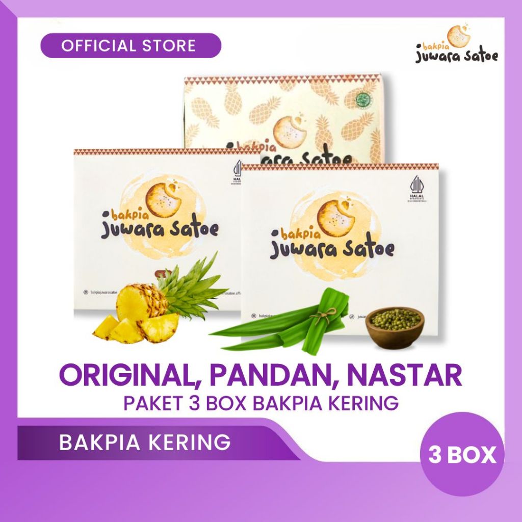 

BAKPIA JUWARA SATOE [ 3 Box ] Paket Bakpia Crispy (Original, Pandan, Nastar) - Oleh Oleh Khas Jogja