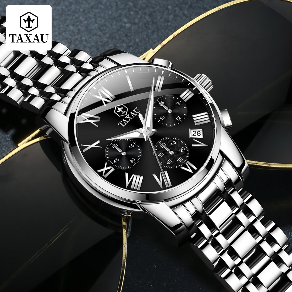 TAXAU Jam Tangan Pria Original Analog Stainless Steel Anti Air Quartz Casual Jam Tangan Pria Mewah