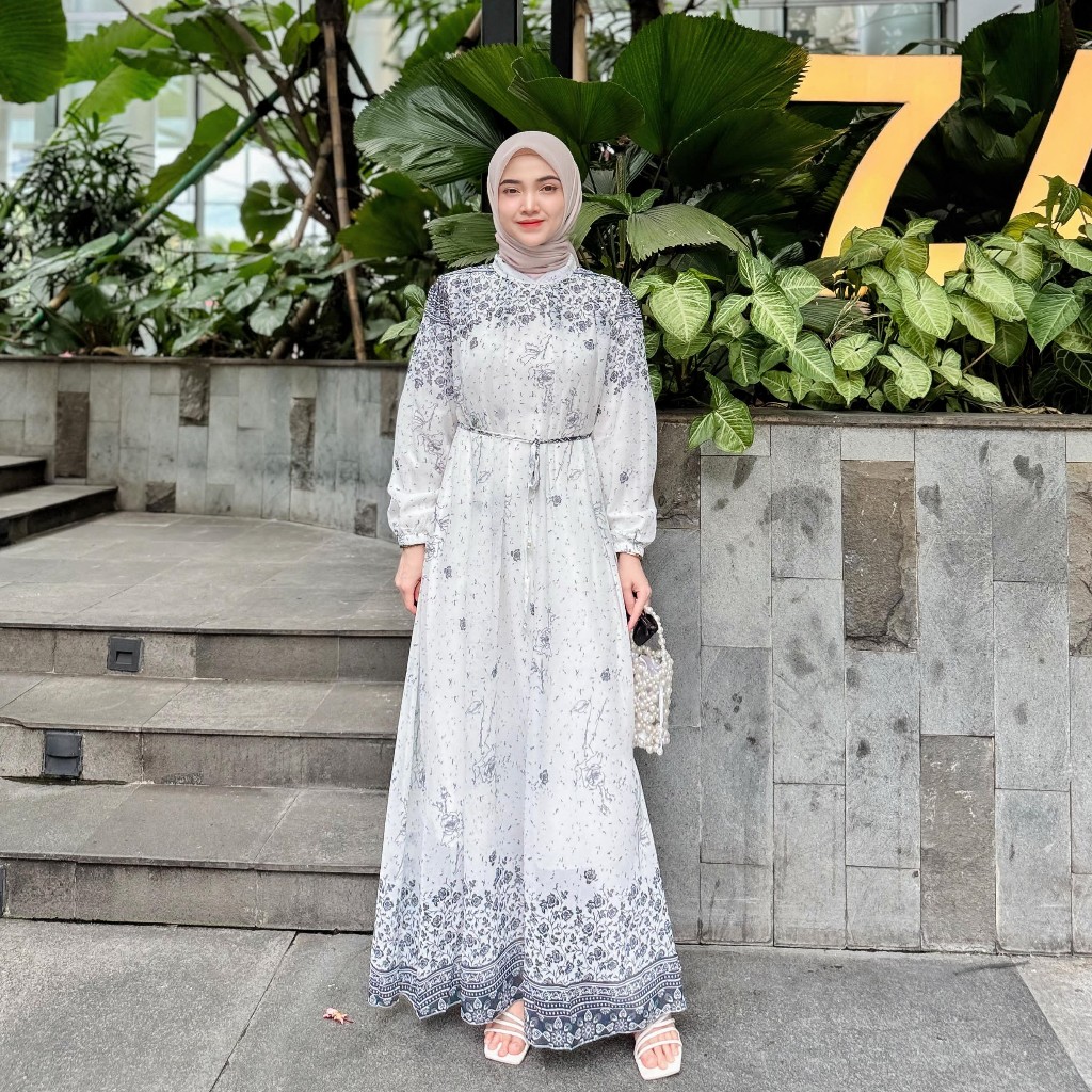 Saless Fanmu Gamis Putih Kondangan Premium Dress Floral Muslim Wanita