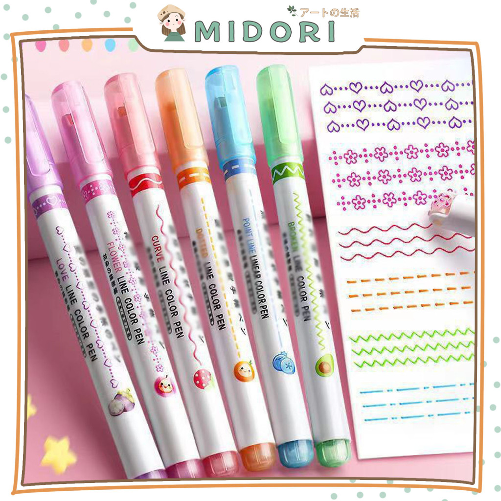 

[MIDORI] 6Pcs LINEAR COLOR PEN Highlighter Roller Tip Pena Curva Mekanik Pen Gel Rectrable Pen Warna Warni Minimalist - D0052