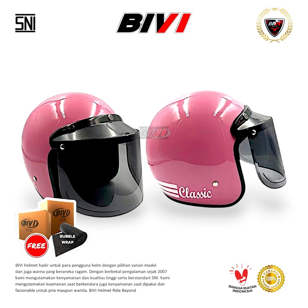 HELM BIVI Bogo Classic Pink Glossy + Kaca SNI Retro Half Face Hijab Bivi Helmet Retro