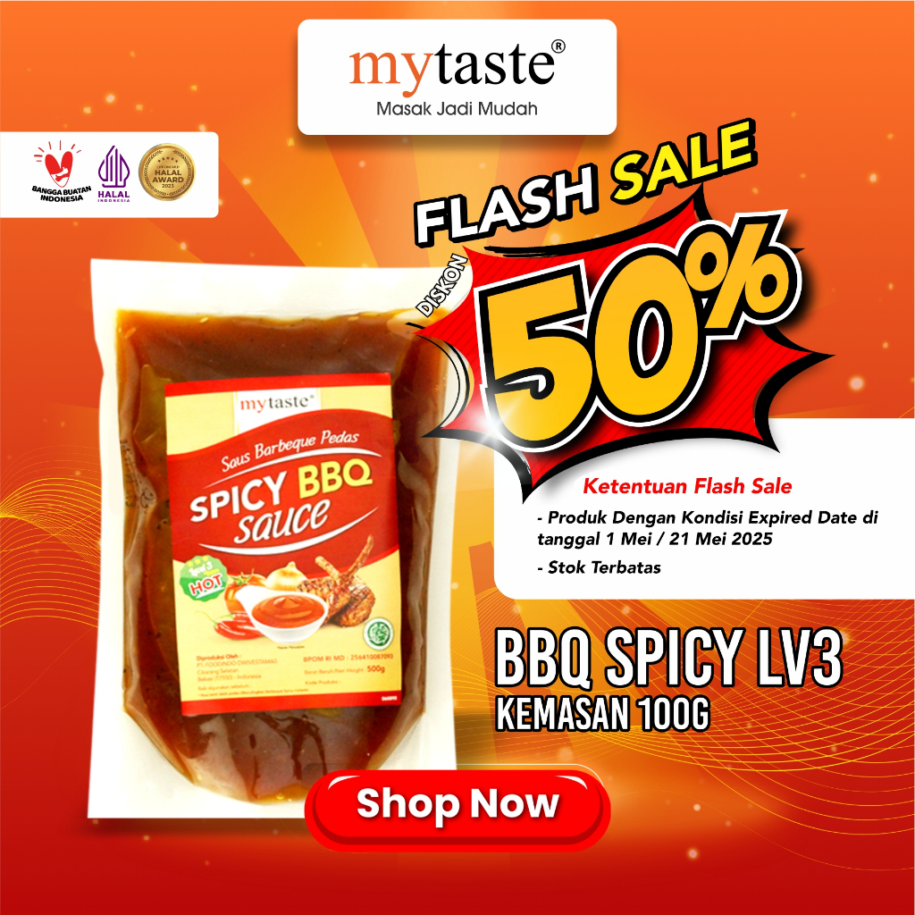 

MYTASTE BARBEQUE SPICY LV3 SAUCE 100G FLASH SALE DISKON 50 %NEAR EXPIRED DATE