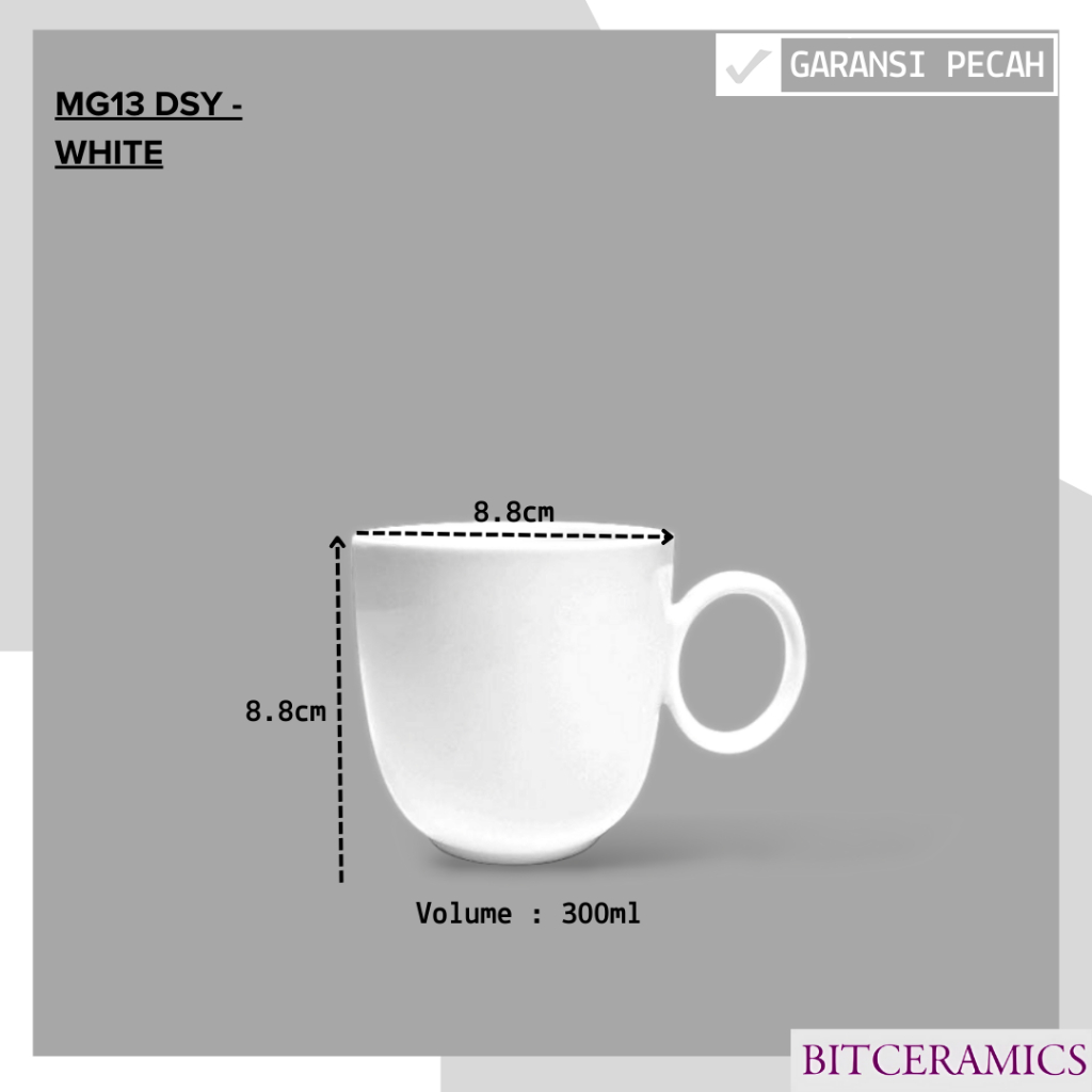 Mug Keramik 300ML (1PCS) Putih Polos By Indo Keramik / Gelas Kopi / Gelas Keramik / MG13-DSY