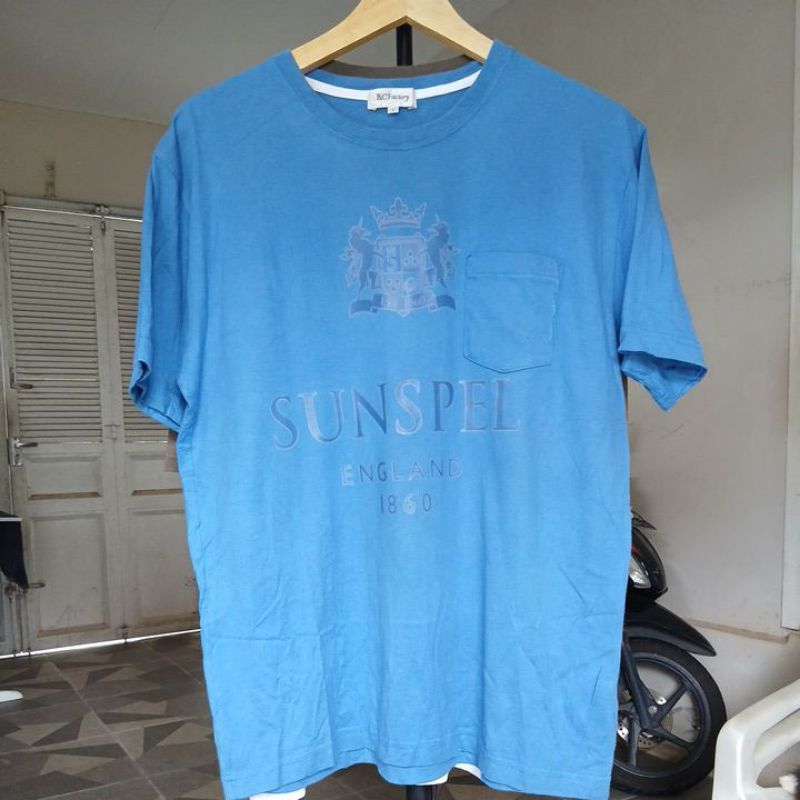 Kaos katun tebal SUNSPEL Second Original warna biru pekat kerah kencang berpocket  size L LD 110cm P