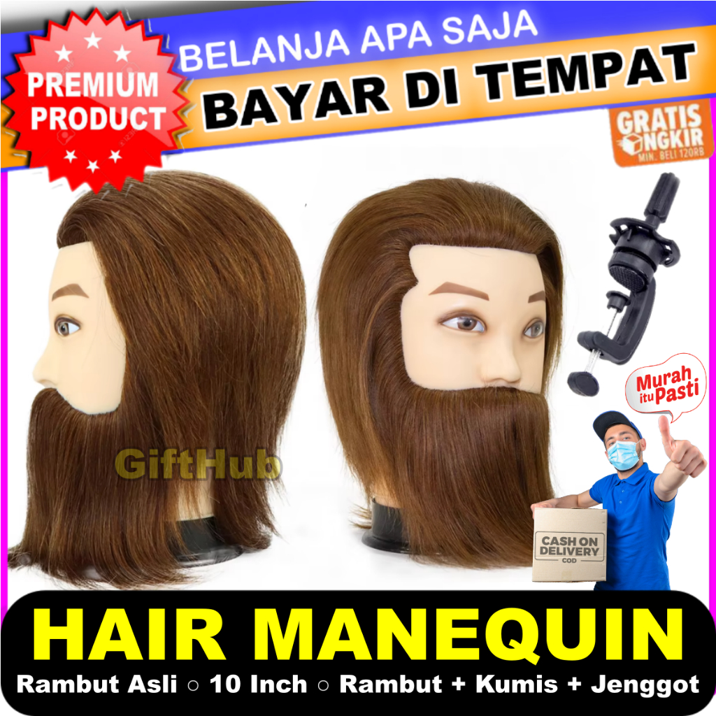 Patung Rambut Asli Kumis Jenggot Wajah Amori / Manekin / Make Up / Muka Untuk Belajar Pangkas Cukur 