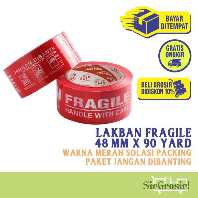 

FRAGILE TAPE - Lakban Merah Fragile 90 yard Solasi Packing 48 mm Jangan Dibanting Isolasi Kemasan Paket Handle With Care