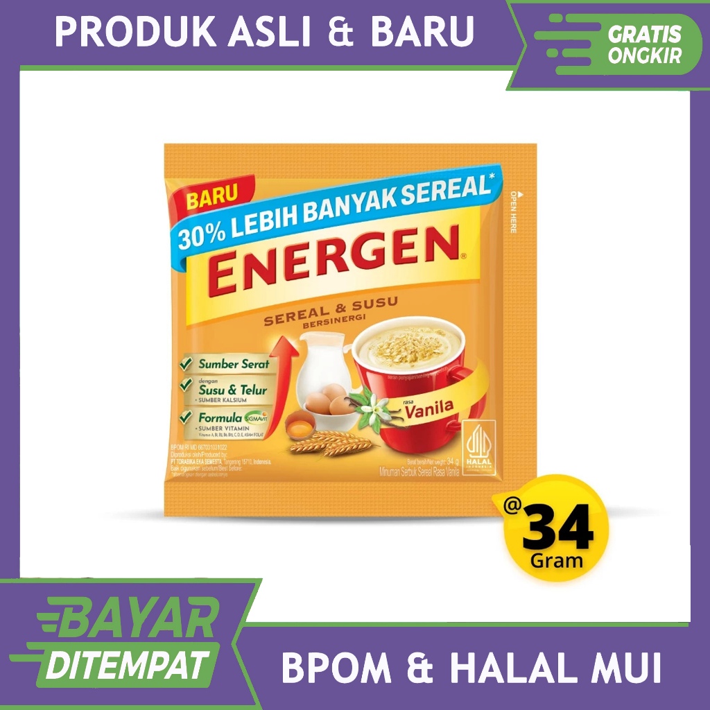 

Energen Kemasan Terbaru Isi 10 Sachet Semua Rasa Vanilla, Coklat, Kacang Ijo, Kurma 100% Original