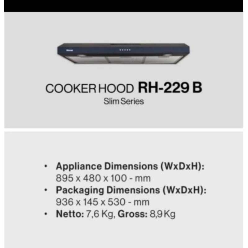 cooker hood rinnai rh 229b penghisap asap kompor