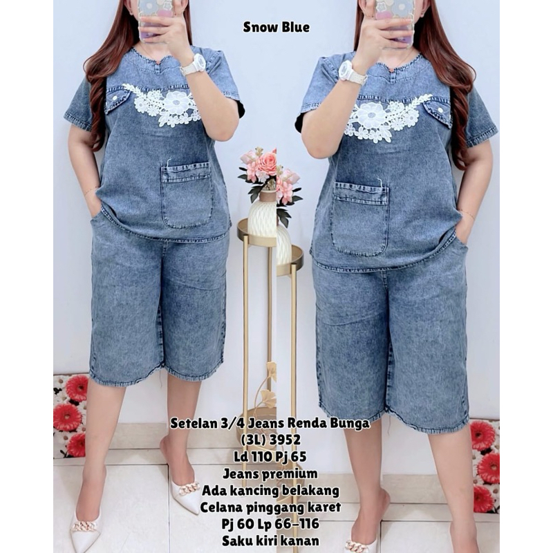 3952 SETELAN 3/4 JEANS RENDA BUNGA LD110 SNOW BLUE WANITA|SETELAN JEANS|ONE SET RENDA|SETELAN LD110