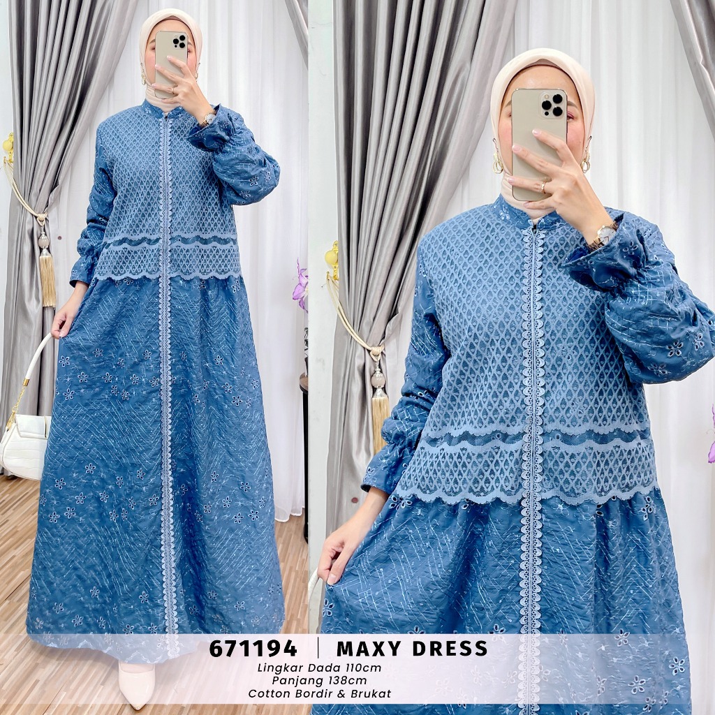 Aluna Maxi Dress Katun Bordir + Brukat Elegan, Busui Friendly, Fit to XL
