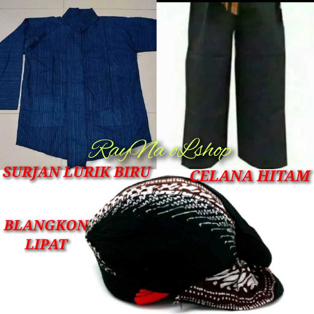 SURJAN LURIK BIRU + BLANGKON LIPAT TANPA SLIWIR + CELANA HITAM POLOS | SETELAN PAKAIAN TRADISIONAL P
