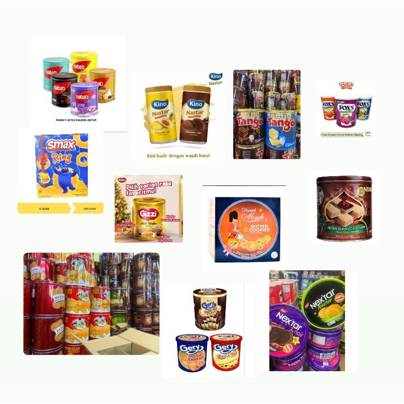 

kue kaleng tango, nissin, nabati, nextar, good time, monde, gizzi, gerry, foxs, alpenliebe dll