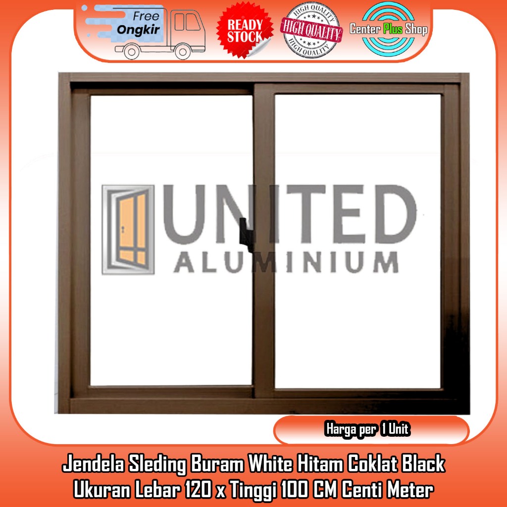 United Aluminium Jendela Sleding Ukuran L120xT100 CM Abu Hitam Putih Coklat Silver Urat Kayu Kaca Cl