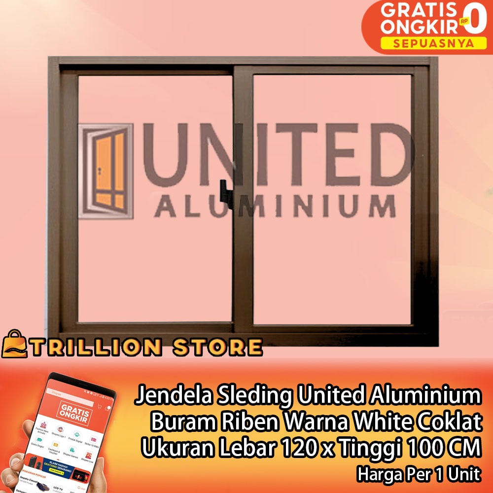 United Aluminium Jendela Sleding Ukuran L120xT100 CM Abu Hitam Putih Coklat Silver Urat Kayu Kaca Cl