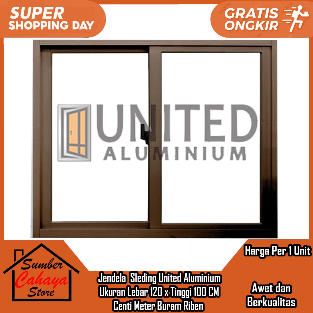 United Aluminium Jendela Sleding Ukuran L120xT100 CM Abu Hitam Putih Coklat Silver Urat Kayu Kaca Cl