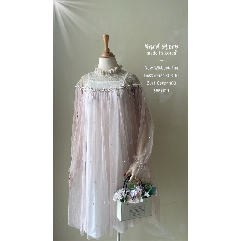 Tulle tutu tile mini dress inner outer turtleneck renda lace brukat brokat soft pink full pearl muti