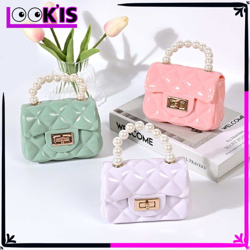 Tas Selempang Jelly 6847 Hand Bag Mini Motif Mutiara Sling Bag Wanita Rantai Gold  Vintage Kekinian
